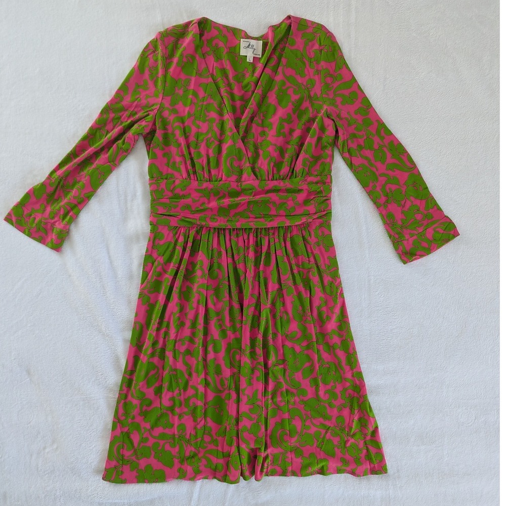 Milly New York‎ Pink Green Print V Neck Ruched Waist Mini Dress 100% Silk Size L